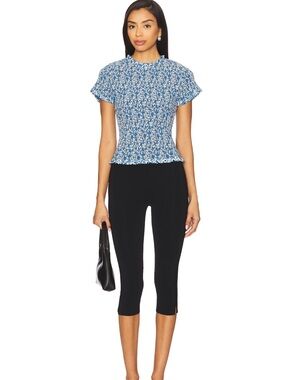 REVOLVE - EVIE Blue Floral Smocked Ruffle Top